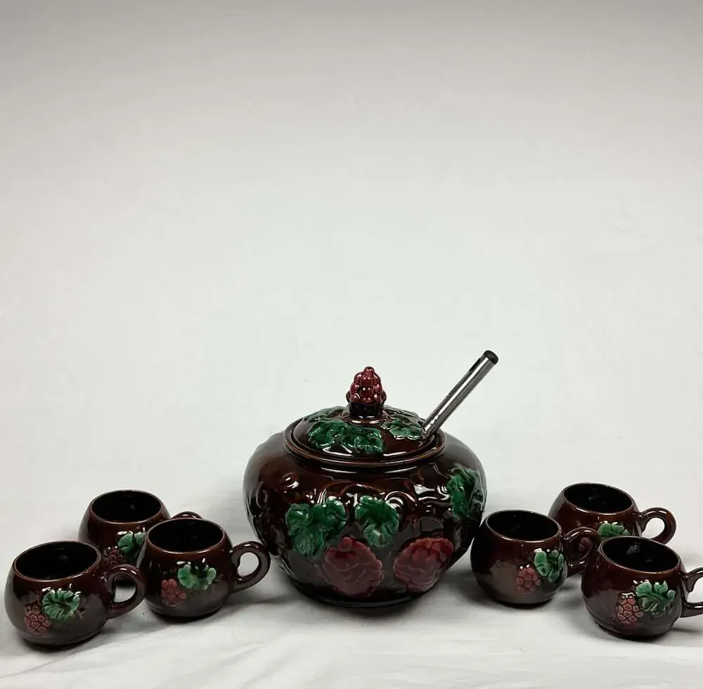 Vintage Japanese Redware Moriage Grape and Leaf Bean Pot Set with 6 Cups